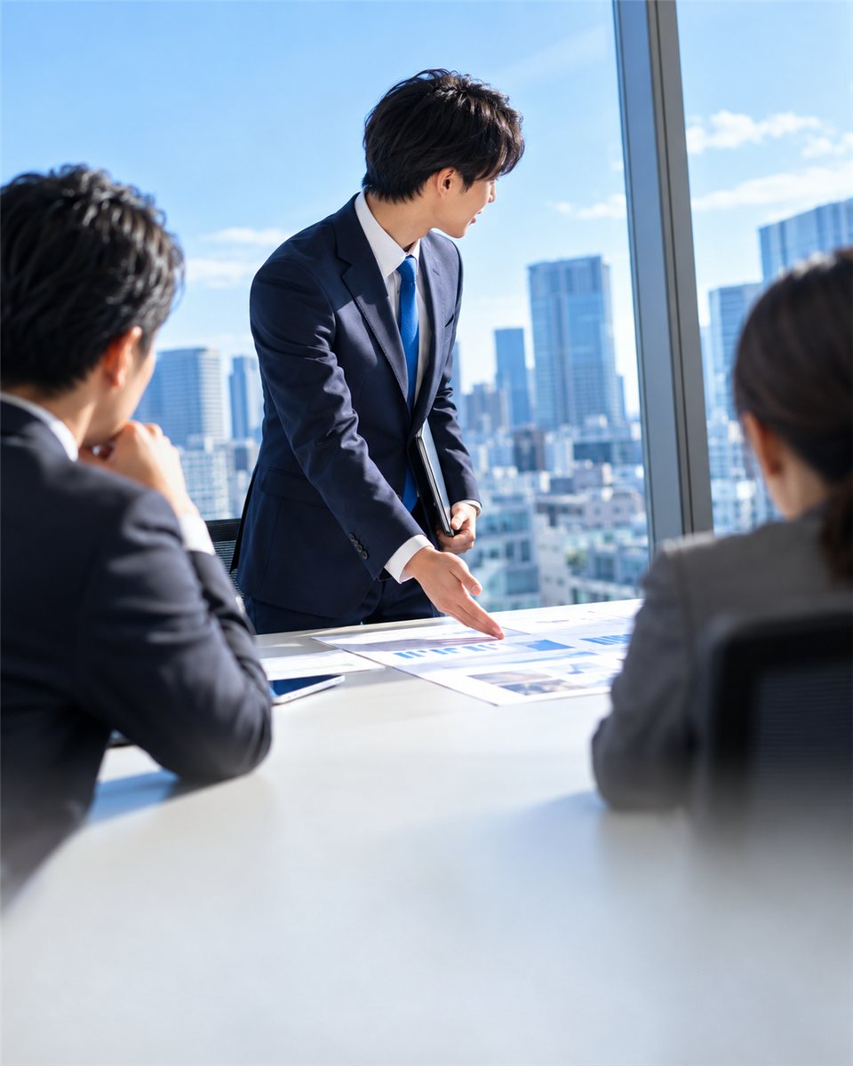 取引先の会議室で提案する若手営業