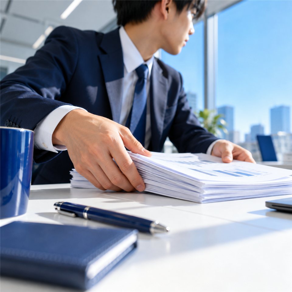 名刺を両手で差し出す新人営業の手元