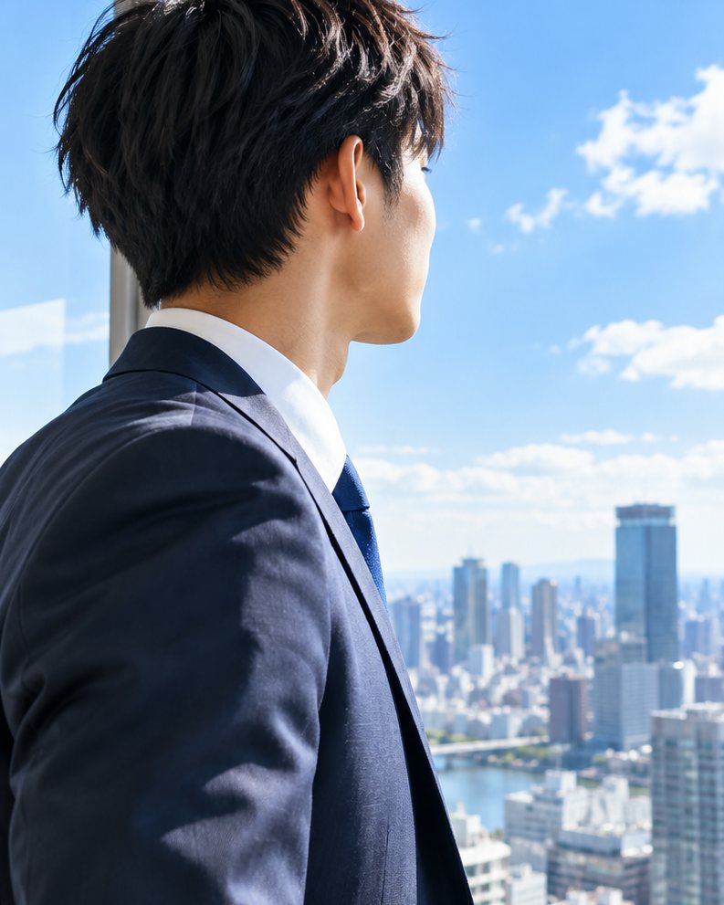 青空を背に遠くを見つめる新人営業
