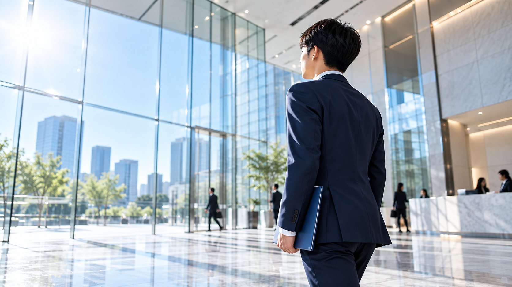 取引先のロビーで資料を手に立つ新人の法人営業