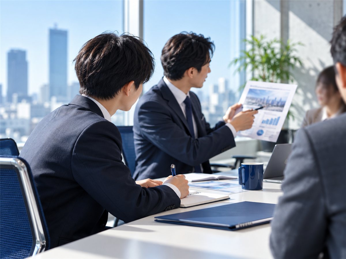先輩の提案を聞きながらメモする新人