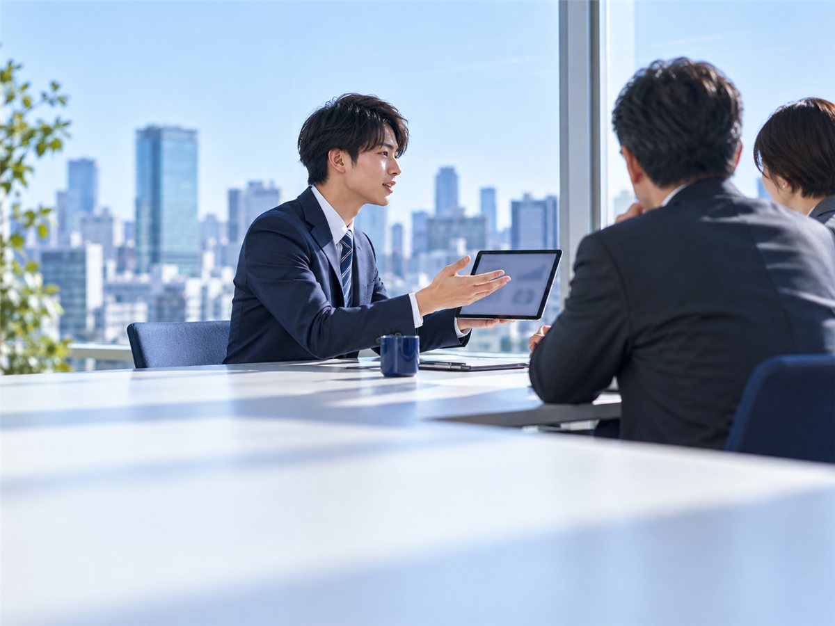 タブレットで説明する新人の法人営業