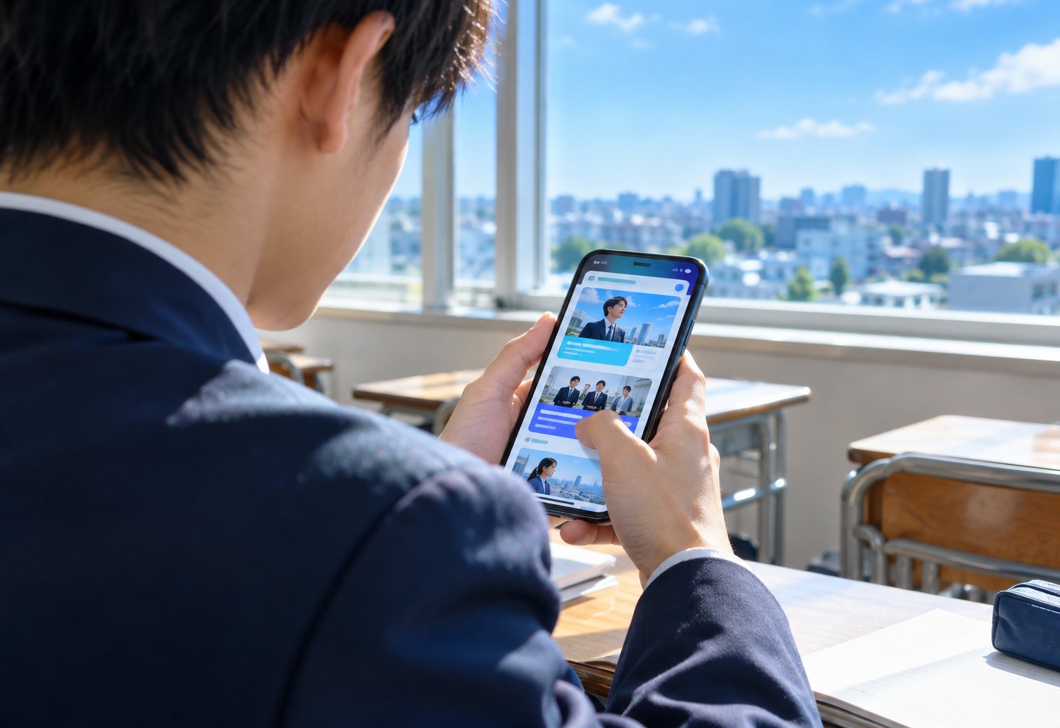 スマートフォンで求人を見る高校生の手元